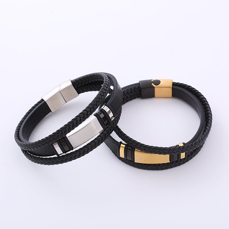 Simple Leather Bracelet Bangle With Stainless Steel Buckle For Men