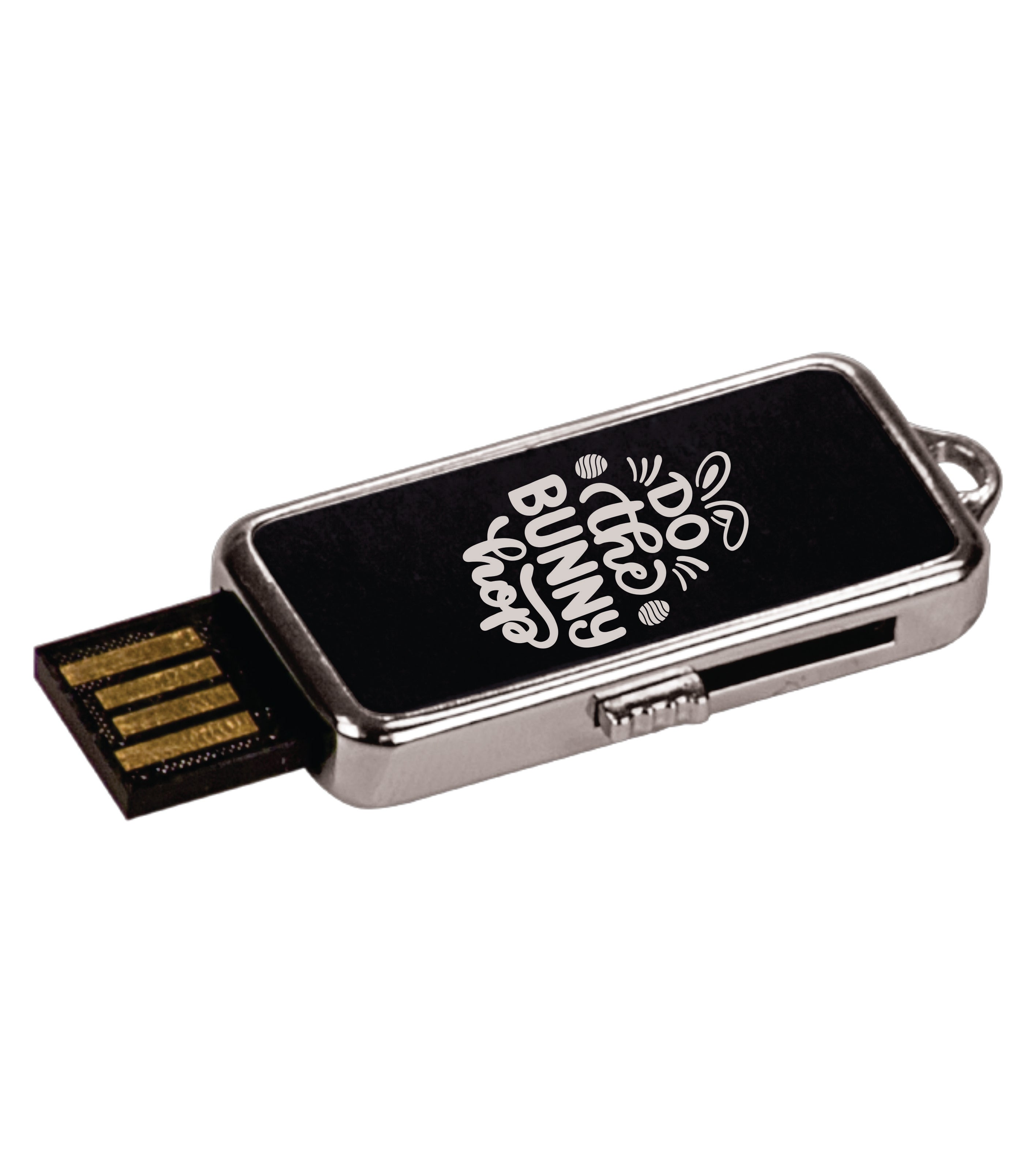 3/4" x 1 1/2" x 1/4" 8GB Black/Silver Metal USB Flash Drive with Keychain