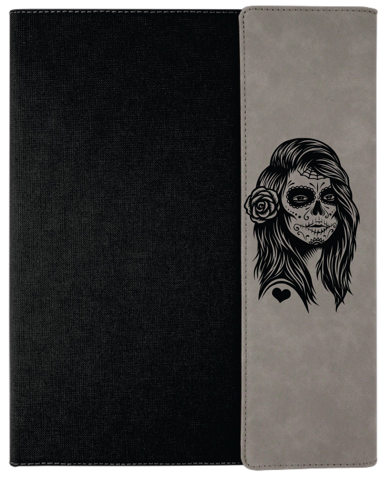 9 1/2" x 12" Gray Laserable Leatherette / Black Canvas Portfolio w / Notepad