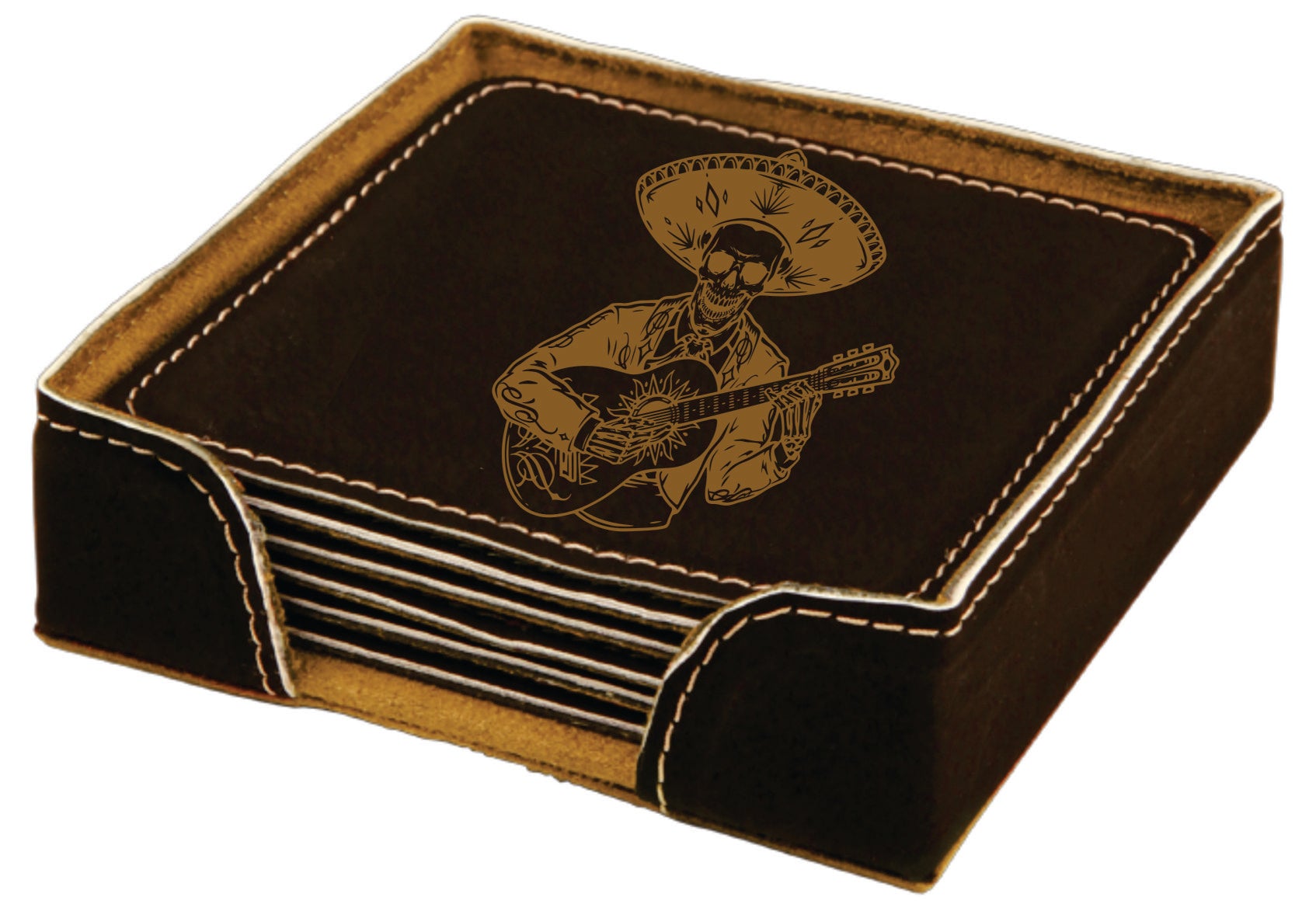4" x 4" Black/Gold Square Laserable Leatherette 6-Coaster Set