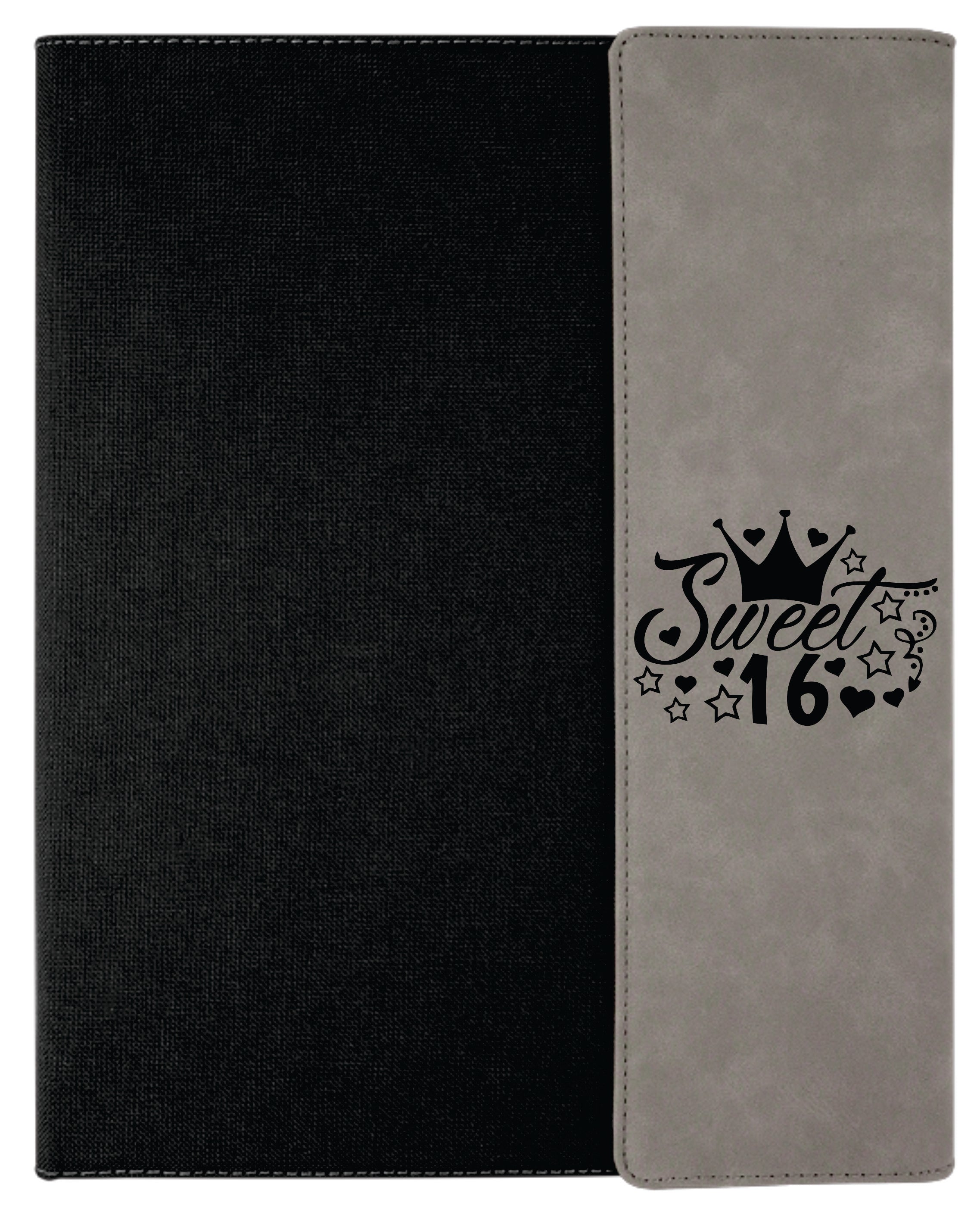 9 1/2" x 12" Gray Laserable Leatherette / Black Canvas Portfolio w / Notepad