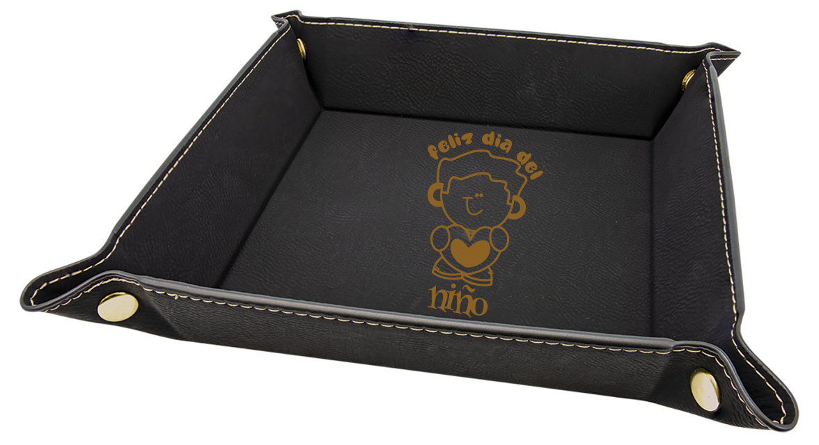 6" x 6" Black/Gold Laserable Leatherette Snap Up Tray with Gold Snaps