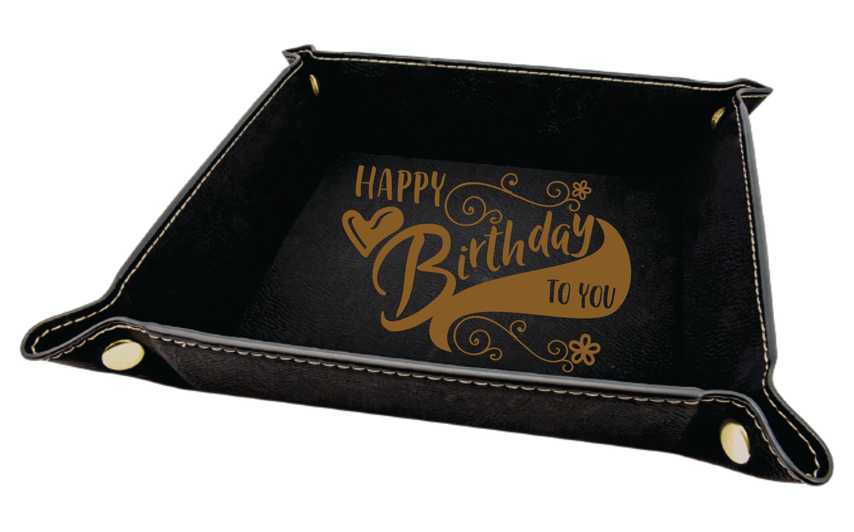 6" x 6" Black/Gold Laserable Leatherette Snap Up Tray with Gold Snaps