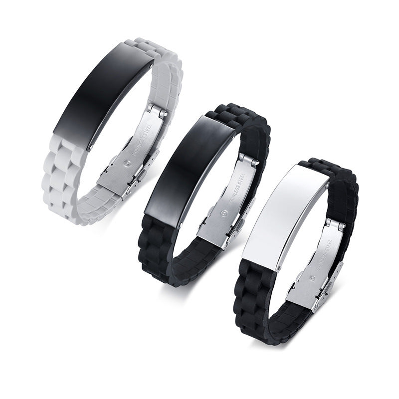 European and American Hipster Men's Jewelry  Stainless Steel Curved Silicone Bracelet Black + Steel Empty White Bracelet Bs084